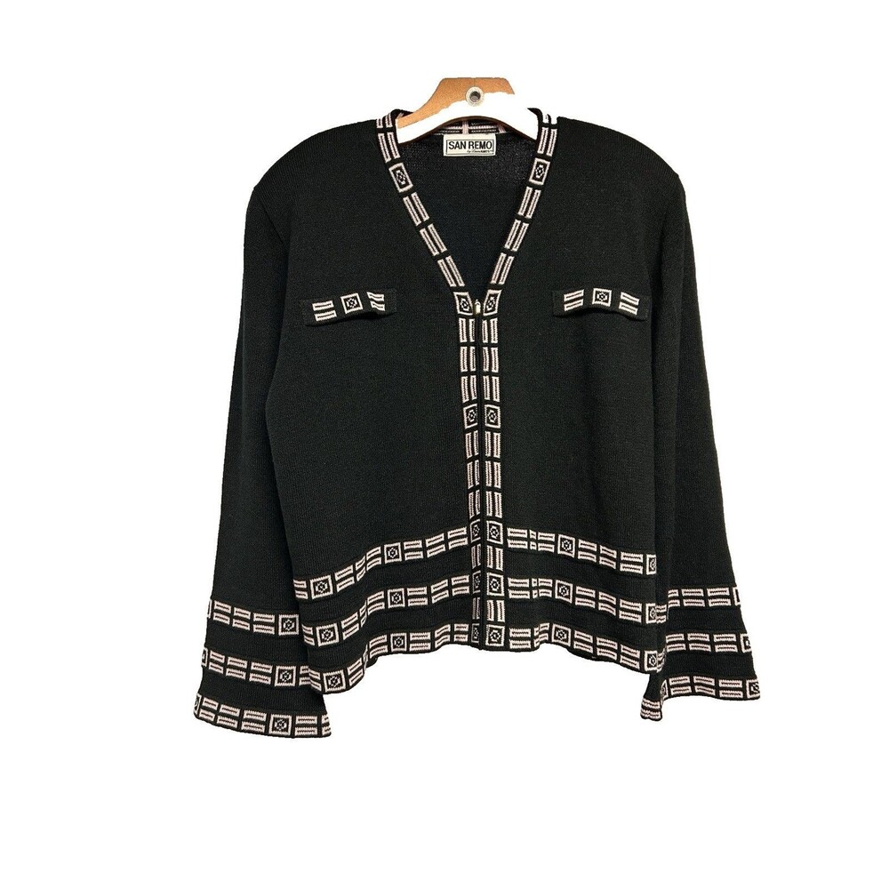 San Remo Laura Knits Black Zip Up Cardigan Bell Sleeves Women's Size L/XL